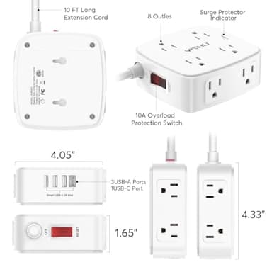 10 Ft Surge Protector Power Strip - YISHU 3 Side Outlet Extender with 8 Widely AC Outlets and 4 USB Ports, 10 Feet Extension Cord with Flat Plug, Wall Mount Desk USB Charging Station, ETL,White - Image 7