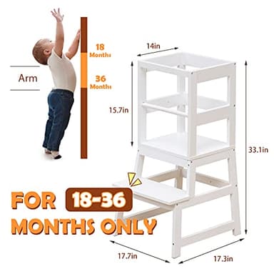 Kitchen Step Stool for Toddlers with Non-Slip Mat, WOOD CITY Wooden Kids Montessori Learning Stool Tower, Toddler Standing Tower Helper for Kitchen Counter and Bathroom Sink(White) - Image 2