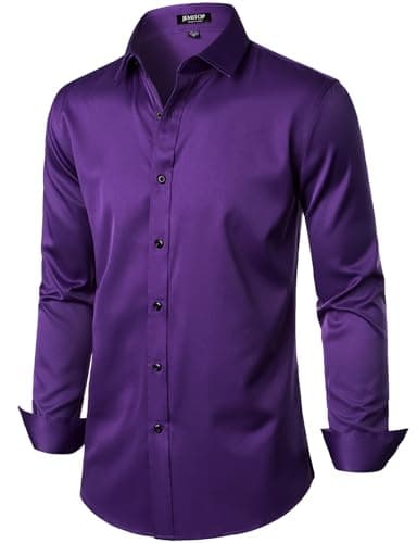 JEMITOP Men's Stretch Wrinkle Free Dress Shirts Formal Wedding Prom Long Sleeve Button Down Shirt Purple XL - Image 3