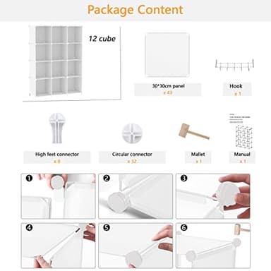 AWTATOS Cube Storage Organizer Storage 12 Cube Bookshelf DIY Plastic Closet Clothes Storage Shelves with Wooden Mallet, Stackable Storage Solution for Home, Bedroom, White - Image 7