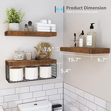 QEEIG Bathroom Shelves Over Toilet - Wall Mounted Floating Shelves Toilet Paper Storage Small Farmhouse Decor Shelf 16 inch Set of 3, Rustic Brown (019-BN3 - Image 5