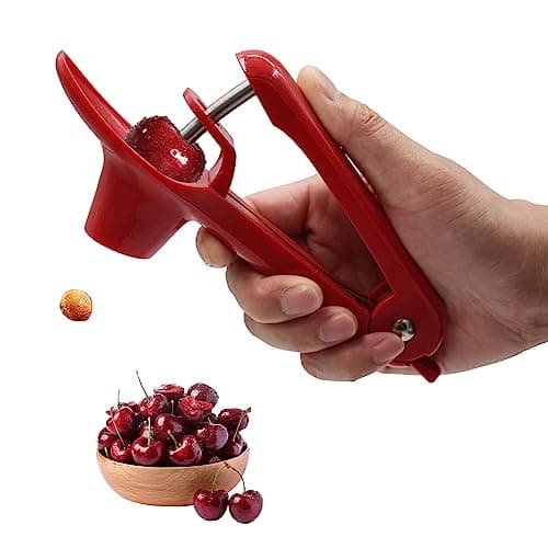 Cherry Pitter Tool, Olive Pitter and Fruit Pit Corer Remover Tool, Portable Kitchen Tool with Space-Saving Lock Design for Making Jam (Red) - Image 1