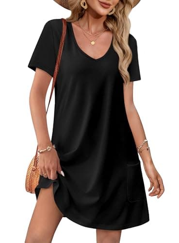 OFEEFAN Vestidos de Verano para Mujer Loose V Neck Summer Dresses T Shirts Casual Dress Sundresses Swing Coverup Beach Vacation Essentials Fashion A Black M - Image 1