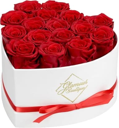 GLAMOUR BOUTIQUE Preserved Roses in a Box - Gifts for Her, Wife & Mom, Rose Flowers Forever Decor for Birthday Gift, Get Well Flower Bouquet Cased in White Box with Cover - Red - 16-Piece - Image 1