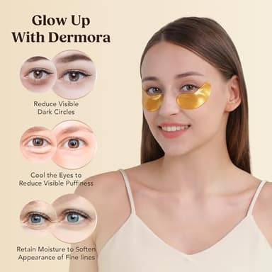 DERMORA Golden Glow Under Eye Patches | Rejuvenating Treatment | Dark Circles, Puffy Eyes, Refreshing, Revitalizing, Travel, Wrinkles | 50 Pairs Eye Gels - Image 3