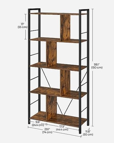 VASAGLE Bookshelf, 5-Tier Bookcase, Storage Shelving Unit, Display Shelf with Open Compartments for Living Room, Home Office, Bedroom, Industrial, Rustic Brown and Black ULBC121B01 - Image 3