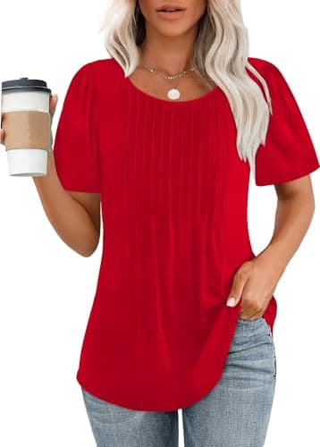 Womens Tops Dressy Casual Valentines Shirts Summer Tops Beach Vacation Clothes Short Sleeve Blouses Plus Size Red S - Image 1