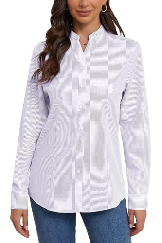 HOCAIES Women's Mandarin Collar Striped Button Down Shirts Business Casual Tops Collar Work Dress Shirt Slim Fit Blouse (Large, HS_Purple) - Image 1