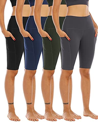 WHOUARE 4 Pack Biker Yoga Shorts with Pockets for Women,High Waisted Athletic Running Workout Gym Shorts Tummy Control,Black,Army Green,Navy,Dark Gray,3XL - Image 1