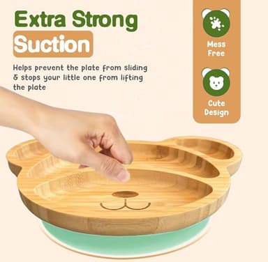 Bamboo Plates for Kids - Baby & Toddler Plates with Suction for Feeding & Weaning, Eco-Friendly Bear Design Promotes Self-Feeding, Ideal for Busy Moms & Dads, Sturdy & BPA-Free (Mint) - Image 2