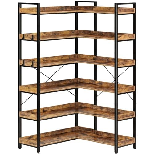 Rolanstar Bookshelf 6 Tier with 4 Hooks, Reversible Corner Bookshelf, 69" Industrial Wooden Bookcase with Open Shelves and Metal Frame for Living Room, Bedroom, Home Office, Rustic Brown - Image 1