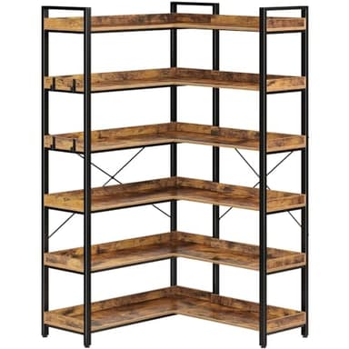 Rolanstar Bookshelf 6 Tier with 4 Hooks, Reversible Corner Bookshelf, 69" Industrial Wooden Bookcase with Open Shelves and Metal Frame for Living Room, Bedroom, Home Office, Rustic Brown - Image 1
