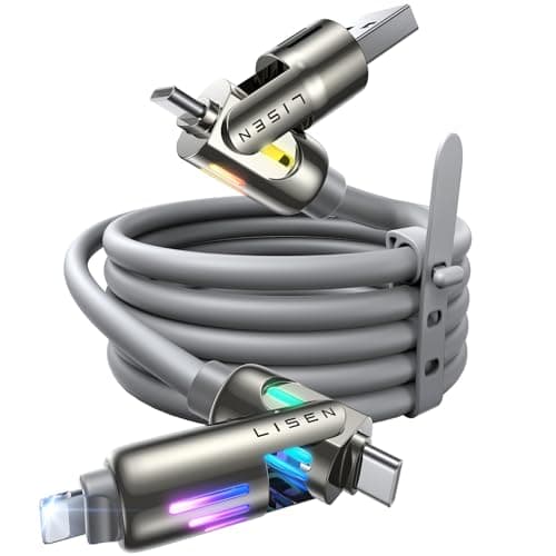LISEN Car Carplay Cable for iPhone 17/16/15 Pro Max/Plus(3.3FT), 4 in 1 Chubby USB C with Light, USB A/C to C/L Multi Charging Cable for iPhone14 13 12/MacBook Pro/Air/iPad Pro/SamSungS25,Grey - Image 1
