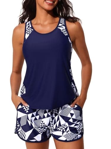 Summer Mae Blouson Tankini Swimsuits for Women 2025 Tummy Control Two Piece Bathing Suits with Sporty Pockets Swim Shorts Cube Size 14 - Image 1