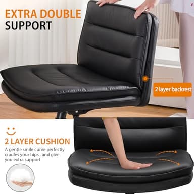 COMHOMA Cross Legged Office Chair with Wheels Armless Office Desk Chair, Modern Vanity Computer Task Chairs for Home Bedroom, Comfortable Wide Seat for Lower Back Pain Relief, PU Leahter, Black - Image 4