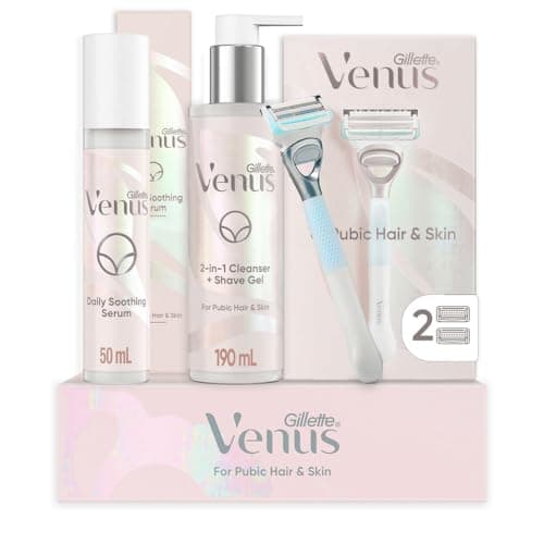 Gillette Venus for Pubic Hair and Skin, 1 Razor Handle + 2 Blade Refills, 2-in-1 Cleanser + Shave Gel and Daily Soothing Serum - Image 1