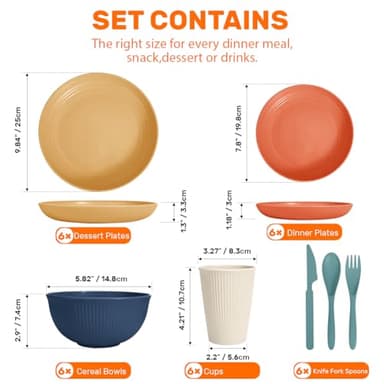 Wheat Straw Dinnerware Sets for 6 (42pcs), SGAOFIEE Unbreakable Dinnerware Set, Kitchen Plates and Bowls Set, Unbreakable Plastic Outdoor Camping Dishes, Dishwasher Microwave Safe, Autumn Multicolor - Image 3