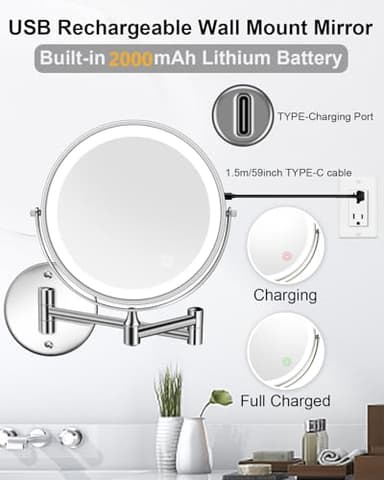 Rechargeable Lighted Wall Mounted Makeup Mirror, 8" Double-Sided 1X/10X Magnifying Bathroom Mirror with 3 Color Lighting, Touch Screen Dimmable 360°Swivel 13 Inch Extendable Chrome Vanity Mirror - Image 2