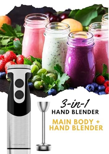 MegaWise Stainless Steel Titanium Reinforced 3-in-1 Immersion Hand Blender, Powerful with 80% Sharper Blades, 12-Speed Corded Blender, Including Whisk and Milk Frother (3-in 1 Black) - Image 5