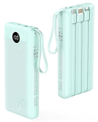 VRURC Portable Charger 20000mAh, Built-in Cables Fast Charging Power Bank, PD QC 3.0 Travel Essentials Battery Pack, 4 Output & 2 Input Phone Charger for iPhone16 15 14 13 X, Samsung, Android-Green - Image 1
