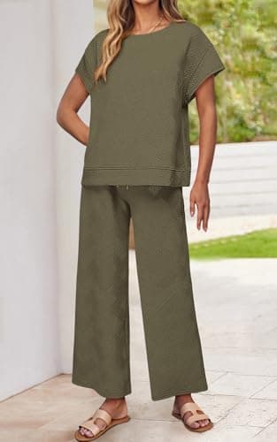 PRETTYGARDEN 2 Piece Outfits For Women Casual Tracksuit Short Sleeve Tops And Wide Leg Long Pants Matching Lounge Sets(Army Green,Large) - Image 5