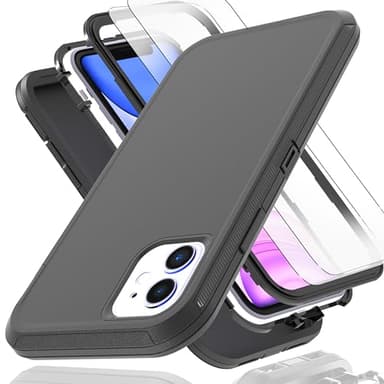 KaiMai for iPhone 11 Case with Explosion-Proof Film[2 Pack],3 in 1 Shockproof TPU Hard PC Bumper Drop-Proof Shell for iPhone 11,Black - Image 1