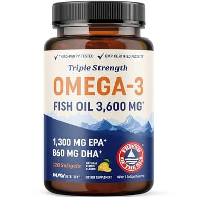 Triple Strength Omega 3 Fish Oil | 3600 mg EPA & DHA | Over 2100mg of Omega 3 Fatty Acids | 1300mg EPA + 860mg DHA | Best Essential Fatty Acids | Premium Burpless Softgel Supplements (120 Ct) - Image 1
