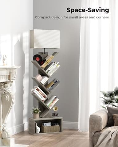 Evermagin 6 Tier Tree Bookshelf with Light, Narrow Bookcase Tower, Tall Floor Standing Book Shelf Organizer with Storage Cabinet for Living Room, Bedroom and Home Office, Gray - Image 6