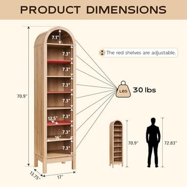 IFGET 71" Tall Arched Bookshelf, 8 Tiers Arch Bookcase with Storage, Modern Farmhouse Book Shelf with Adjustable Shelves, Wood Bookshelf w/Open Display Shelves for Living Room, Office (Natural) - Image 2