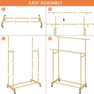 Calmootey Double Rod Clothing Garment Rack,Rolling Hanging Clothes Rack,Portable Clothes Organizer for Bedroom,Living Room,Clothing Store,Gold - Image 9