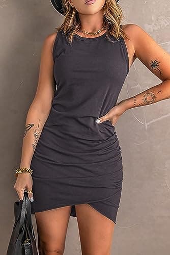 BTFBM Women Summer Dresses 2025 Sleeveless Tank Crew Neck Casual Ruched Bodycon Party Club Beach Short Mini Dress(Dark Grey, Medium) - Image 3