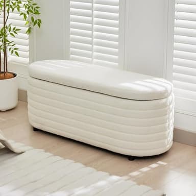 DM Furniture Storage Teddy Ottoman Bench Upholstered Fabric Storage Bench End of Bed Stool with Safety Hinge for Bedroom, Living Room, Entryway, Closet(44.5", White) - Image 5