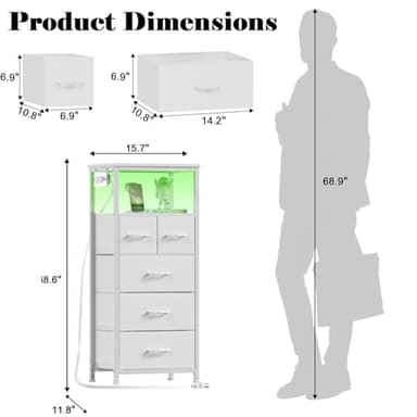 Furnulem Dresser for Bedroom, Tall Nightstand, Vertical Chest with Wood Top, Charging Station, LED Lights, 5 Fabric Bins, Bedside Table with Shelf, Furniture for Entryway (5 Drawer, White) - Image 3