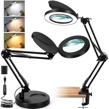 Veemagni 10X Magnifying Glass with Light and Stand, 2-in-1 LED Magnifying Desk Lamp with Clamp & Lens Cover, 3 Color Modes Stepless Dimmable Hands Free Lighted Magnifier for Crafts Reading Painting - Image 1