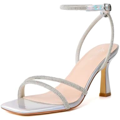 Mostrin Silver Strappy Rhinestone Heels for Women Ankle Strap Lace Up Square Open Toe Heels Stiletto High Heeled Sandals for Wedding, Prom, Party, Daily Size 11.5 - Image 1