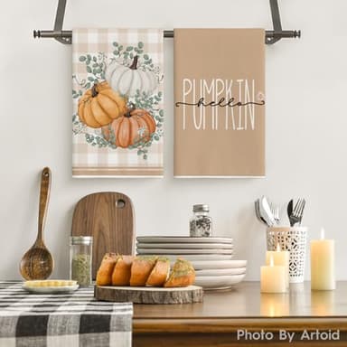 Artoid Mode Eucalyptus Leaves Hello Pumpkin Fall Kitchen Towels Dish Towels, 18x26 Inch Seasonal Give Thanks Decoration Hand Towels Set of 6 - Image 2