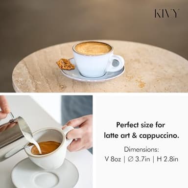 KIVY Cappuccino cups set of 4 [8oz] - Thick-walled stoneware cappuccino cup set for latte art - Cappuccino coffee cups - Tazas de cafe - Latte cups - Latte art cup and saucer set of 4 - Green, Blue - Image 4