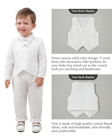 YALLET Baby Boy Clothes Suit Infant Boy Gentleman Outfits White Baby Christening Outfit Boy Dress Shirt+Bowtie+Vest+Pants Set for Wedding Party(Baby Baptism Outfits, 0-3 Months) - Image 4