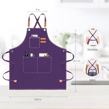 OUNLEN Chef Apron for Men Women Canvas Aprons with 3 Pockets Cross Back Resistant Work Apron for Cooking Grilling Baking BBQ Barber Kitchen (Purple) - Image 2