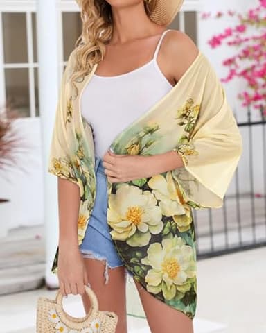 Women's Floral Print Puff Sleeve Kimono Cardigan Loose Cover Up Casual Blouse Tops(Beige White Floral,2XL) - Image 3