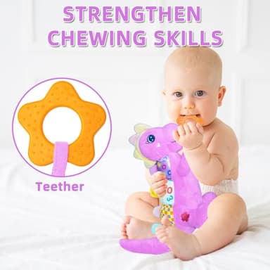 Baby Dino Musical Stuffed Animal Toys for 0-3-6-9-12 Months，Infant Dinosaur Tummy Time Toys with Crinkle Sound Paper，Teether，Textures & Rattles for Newborn Boys Girls Birthday Gifts，Purple - Image 4