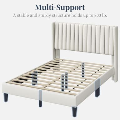 Yaheetech Full Bed Frame Upholstered Platform Bed with Fabric Headboard, Wing Edge Design/Non-Slip and Noise-Free/Wooden Slats Support/No Box Spring Needed/Easy Assembly, Ivory Full Bed - Image 7