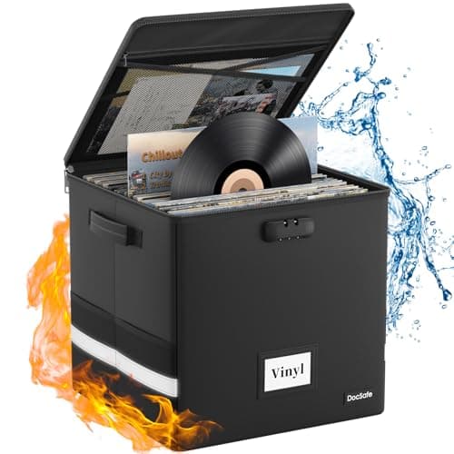 DocSafe Vinyl Record Storage Box with Lock,Fireproof＆Water Resistant Record Organizer Storage for 100+ Single Records(12-inch),Collapsible Storage Crate with Lid&Handles for Valuable Album Collection - Image 1