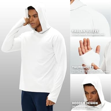 MIER Men's Long Sleeve Hiking Shirts UPF 50+ Sun Protection Fishing Hoodie SPF UV Running Workout Hooded T-Shirt, White, XL - Image 3
