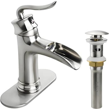 Yodel Faucet Single Handle Waterfall Bathroom Faucet for Sink 1 or 3 Hole with Drain Set,Brushed Nickel - Image 1