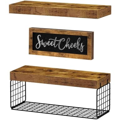 QEEIG ‎Bathroom Shelves Over Toilet - Paper Storage Wall Mounted Farmhouse Decor Decorations Aesthetic Décor Sign Small Floating Wall Shelf 2+1 Set 16 inch Sweet Cheeks, Rustic Brown (020BN-SC) - Image 7
