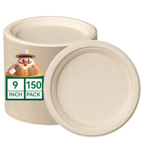 JOLLY CHEF 100% Compostable Paper Plates, 150 Pack 9 Inch Heavy Duty Plates, Disposable Biodegradable Eco-Friendly Sugarcane, Bulk Nature - Image 1