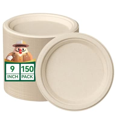 JOLLY CHEF 100% Compostable Paper Plates, 150 Pack 9 Inch Heavy Duty Plates, Disposable Biodegradable Eco-Friendly Sugarcane, Bulk Nature - Image 1