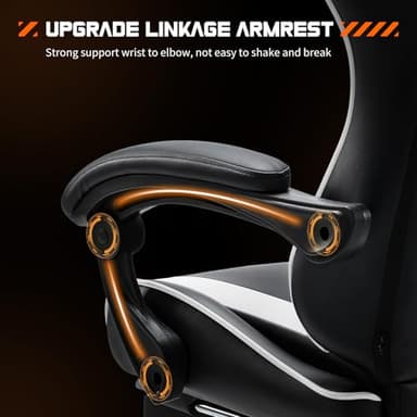 DUMOS Ergonomic Gaming Desk Chair - PU Leather Recliner with Footrest, Lumbar Support, Headrest, Fixed Armrests, Height Adjustable, 360° Swivel, White, for Adults - Image 6