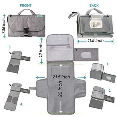 Kopi Baby Portable Diaper Changing Pad - Baby Diaper Changer Travel Bag with Wipes Pocket, Smart Design Portable Changing Mat, Infant Travel Station Kit, Gift for Newborn Girl & Boy - Grey, Classic - Image 5